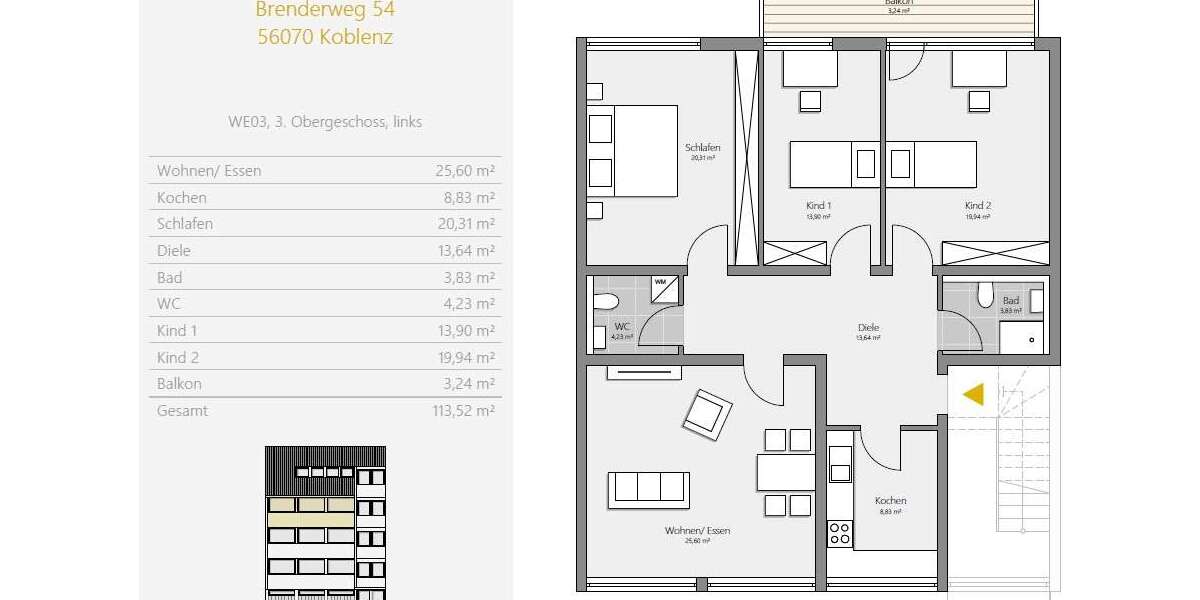 Etagenwohnung Koblenz - 4 Zimmer, 110 m&sup2;, 279.000&euro; | Angebot:25258567